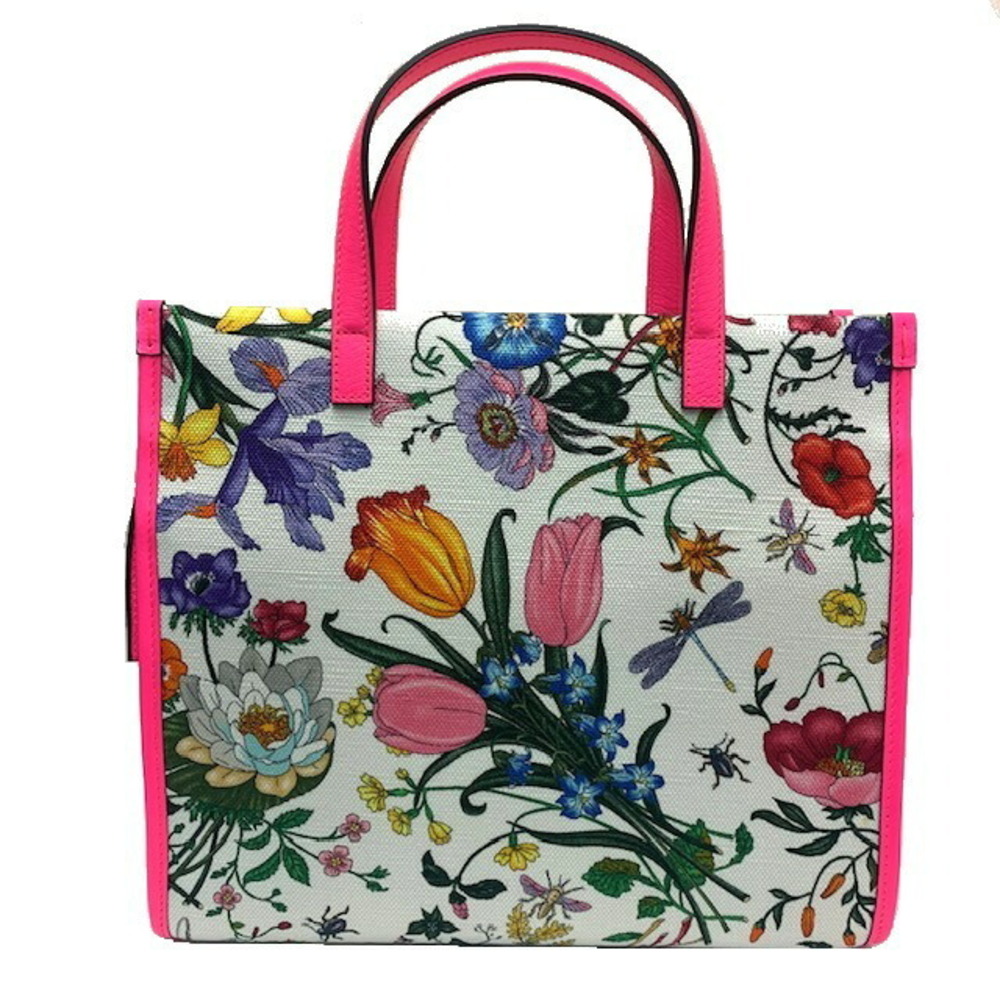 GUCCI Flora Flower Canvas Leather Tote Bag Shoulder White Neon Pink